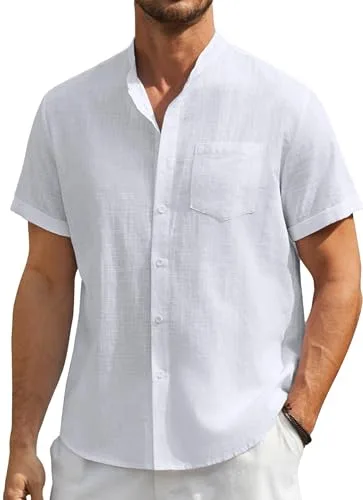 Enlision Camisa Lino Hombre Manga Corta Camisas Blanco para Hombre Casual Sin Cuello Henley Shirt de Lino Algodón con Botónes Top Ibicenca de Verano Playa Boda L