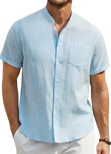 Enlision Camisa Lino Hombre Manga Corta Verano Camisas para Hombre Azul Claro Casual Cuello Mao Henley Shirt Lino Algodón de Color Sólido con Botónes Top de Playa Vacaciones L