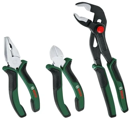 Bosch Juego de 3 alicates Premium (alicates universales, de corte lateral, de punta larga y de pico de loro; empuñadura suave antivibración y ergonómica; superficie niquelada) - Amazon Edición