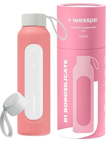 Wessper Botella de Agua Cristal, Botella 500 mililitros, Motivadora con Escala de Hidratación, Botellas de Vidrio Borosilicato con Funda de Silicona, Material Seguro sin BPA - Rosa