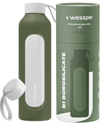 Wessper Botella de Agua Cristal, Botella 500 ml Motivadora con Escala de Hidratación, Botellas de Vidrio Borosilicato con Funda de Silicona, Material Seguro sin BPA - Oliva