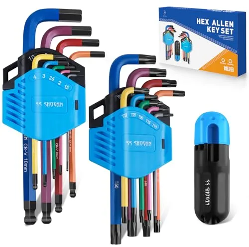 ss shovan Juego de 18 llaves Allen, juego de llaves hexagonales métricas con extremo esférico y juego de llaves Torx/Star (con mango en T), tamaños 1,5mm-10mm y T10-T50, juegos de llaves Allen para