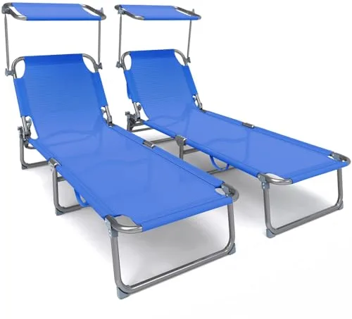 VOUNOT® Juego de 2 Tumbonas Plegables con Parasol, Tumbona Playera Reclinable 4 Posiciones, Estructura Acero y Tejido Textileno, Peso Máx. Soportado 110kg para Piscina, Jardín, Playa 190x58x27cm, Azul