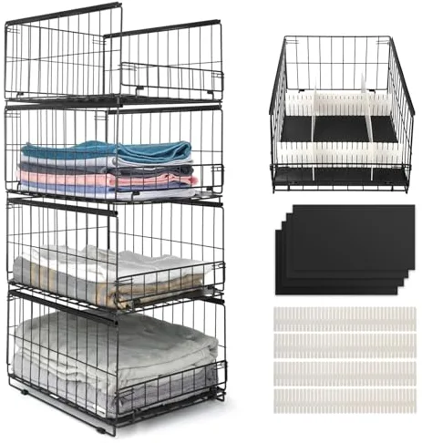 Wuciray 3/4 pcs Organizador Armario Ropa Organizador de Armarios Apilable Metal Cajonera Armario Interior Cajas Almacenaje Apilables Armarios con Divisores Wardrobe Organizer (cuatro capas)