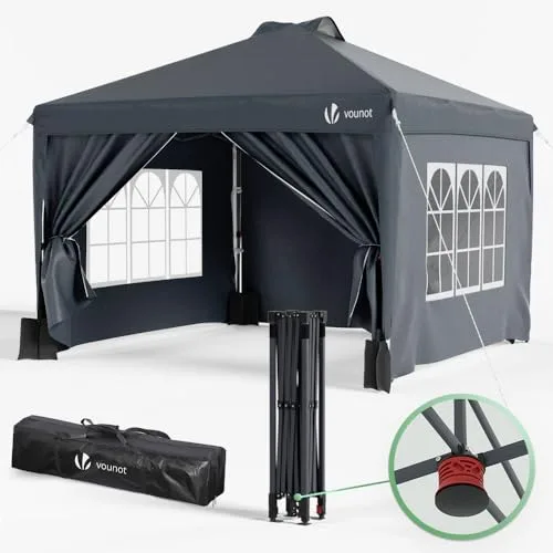VOUNOT® Carpa Plegable Gazebo 3x3m Botón Central, Cenador Pabellón de Jardín con Paredes Laterales, Sacos Arena y Bolsa de Transporte, Pérgola Tienda Protección UV para Camping Fiestas Exterior, Gris