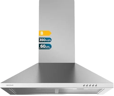 Cecotec Campana Extractora Piramidal de 60cm Bolero Flux PM 603500 Inox B. Motor 65W, Acabado Inox, Succión 350m3/h, Control Mecánico, 3 Niveles de Potencia, Luz y Filtro de Carbono