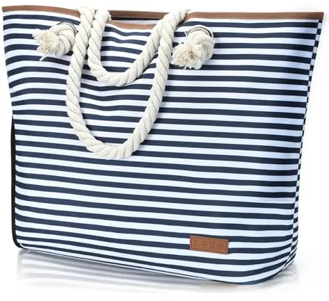 Lekespring Bolsa de Playa Grande con Cremallera, Bolso Playa Mujer Impermeable Bolsa de Playa XXL Familiar Beach Tote Bag, Rayas