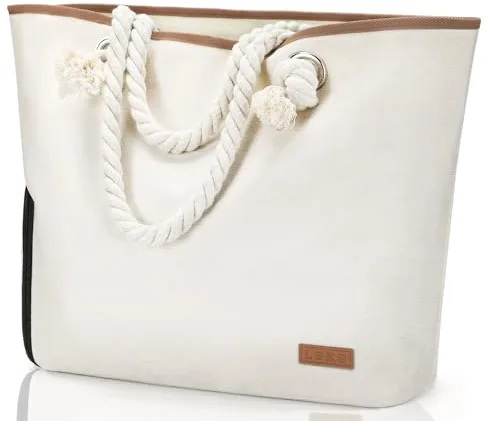 Lekespring Bolsa de Playa Grande con Cremallera, Bolso Playa Mujer Impermeable Bolsa de Playa XXL Familiar Beach Tote Bag, Beige