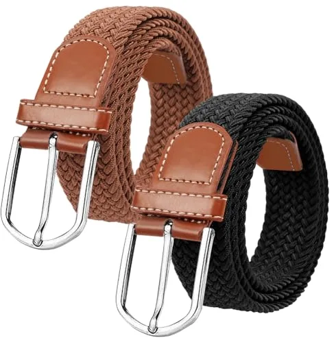 flintronic 2PCS Cinturón Trenzado Elástico, Vintage Cinturón Trenzado Elástico para Hombres y Mujeres, Cinturón Tejido Cinturón Golf para Hombres y Mujeres, Ancho 3.3 cm/Largo 107cm - Negro+Gris