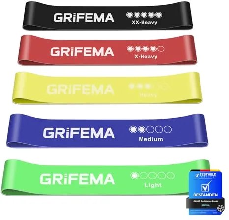 GRIFEMA GA5001 Gomas Elásticas Musculación, 5 Niveles de Resistencia, para Yoga, Entrenamientos de Fuerza y Pilates, con Guía de Entrenamiento y Bolsa de Almacenamiento