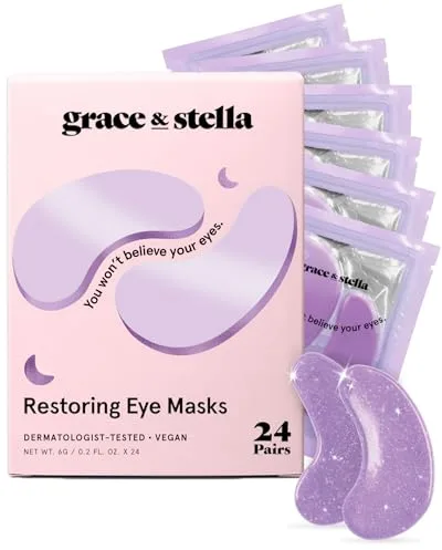 Grace & Stella Parches Ojos, Ojeras y Bolsas – Parches Hidrogel para Ojos con Retinol y Ácido Hialurónico – 24 Pares, color Morado, Vegano, No Testado en Animales