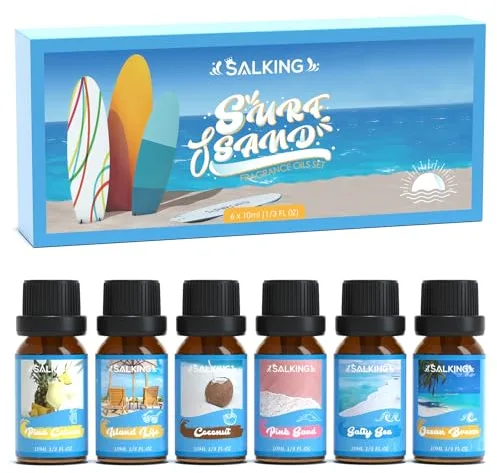 SALKING Surf y Arena Aceites Esenciales para Humidificador, Aceites Aromáticos para Hacer Velas – Brisa del Mar, Mar Salado,Arena Rosa, Coco, Vida en la Isla, Piña Colada