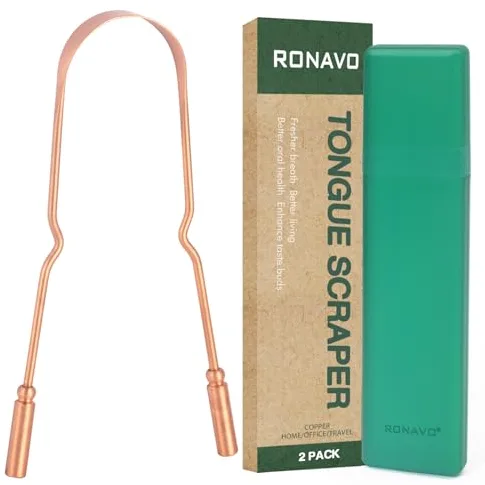 RONAVO Raspador de lengua de cobre para adultos, cuidado bucal e higiene limpiador de lengua para un aliento más fresco con estuche de viaje