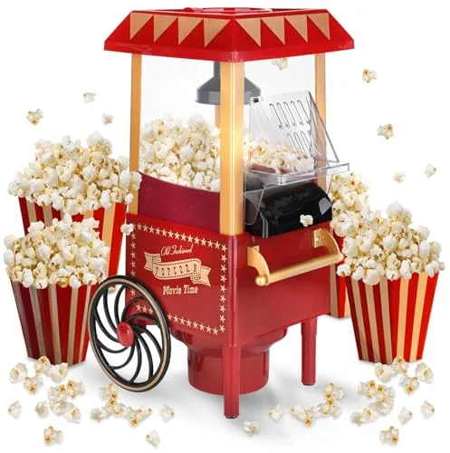 NK Palomitero Retro, Máquina de Palomitas de Maíz Eléctrica 1200W, Botón fácil de utilizar, Preparación listas en 2 minutos, Aire Caliente, Tamaño 0,3L, Portable, Ideal para Casa