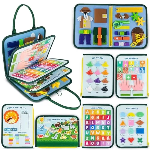 BONNYCO Busy Board Montessori de Fieltro, Maletin de Paneles Sensoriales Montessori. Tablero Busy Book, Juguetes Educativos Motricidad Fina. Juguetes Regalos para Niños y Niñas Cumpleaños, Navidad