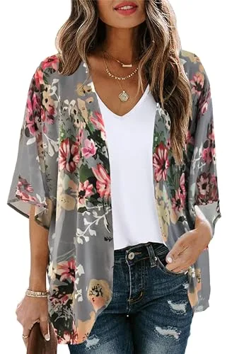 Gosunny Mujer Verano Tops Playa Kimono Boho Bikini Cover Up Oversized Floral Estampado Cárdigan, Flor rosa., XL