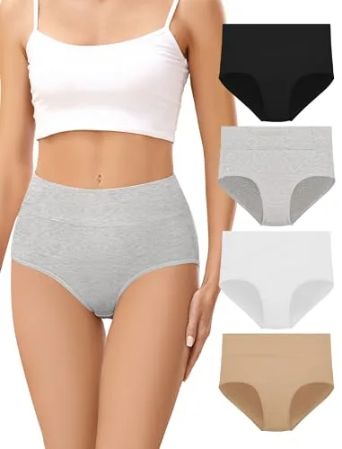 VOENXE Bragas Mujer Algodon,Braguitas Postparto Altas Cintura,Ropa Interior Culotte Talle Alto CóModo Suaves,Women's Underwear Cotton Multipack,Pack de 4