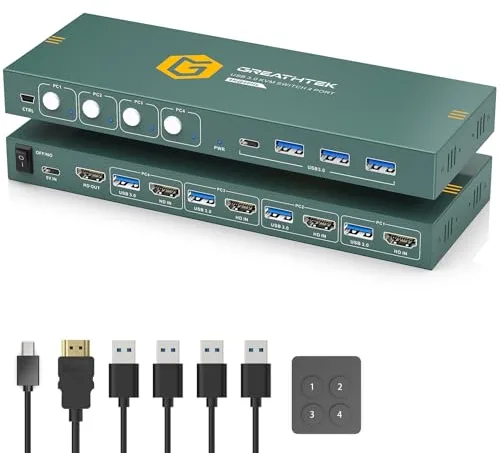 KVM HDMI Switch 4 puertos 4K a 60Hz con 3 dispositivos USB 3.0 compartidos con 4 ordenadores y un monitor, incl. Cable HDMI y cables USB