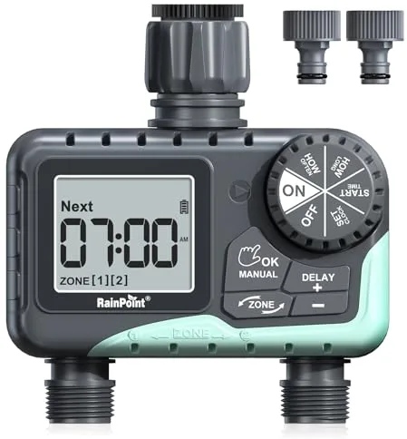 RAINPOINT Programador Riego 2 Salidas, Temporizador de Riego Automatico Impermeable IP65 con Retraso por Lluvia/Riego Manual, a Pilas, para Jardín, Césped