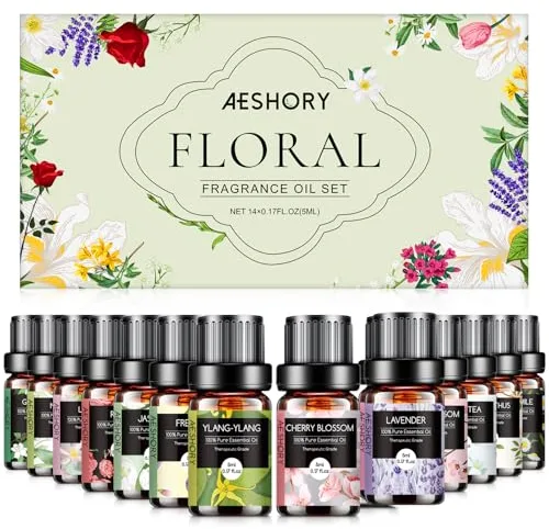 AESHORY Floral Aceites Esenciales para Humidificador 14 x 5ML, Set de Aceites Esenciales Aromaterapia para Humidificador Difusor, DIY, Masajes - Rosa, Lavanda, Jazmín, Té Blanco, Manzanilla, Fresia