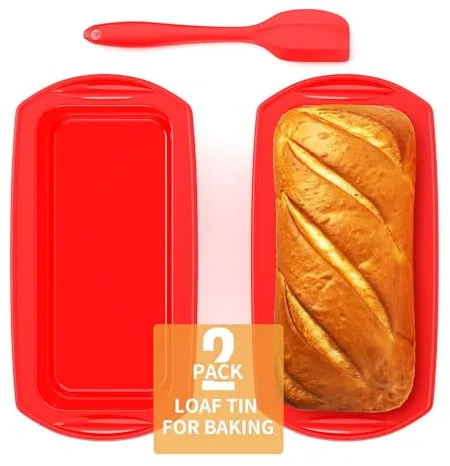 Ankway Molde rectangular de silicona para pan con espátula, juego de 2 moldes de silicona antiadherentes, para pasteles y panes, 28 x 14,3 x 6,3 cm, rojo
