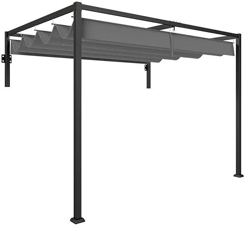 Outsunny Pérgola con Techo Retráctil Pérgola de Pared 3x2 m Cenador con Tela de Poliéster Resistente al Agua Pabellón para Jardín Patio Terraza Exterior Gris Oscuro