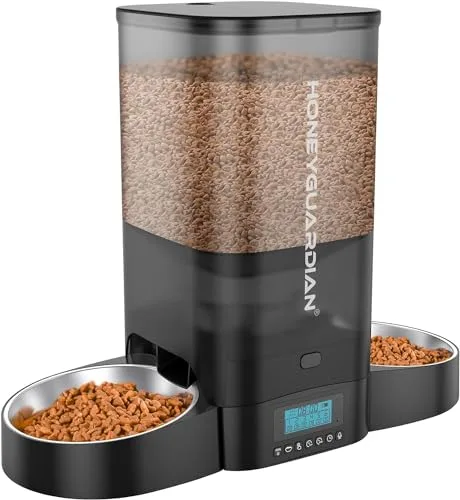 HoneyGuaridan Comedero Gato Automatico Doble, Dispensar Uniformemente, 5L Dispensador Comida Gatos y Perros con Grabación 10s en Diseño Sellado - hasta 6 Comidas al Día (Cuencos de Acero Inoxidable)