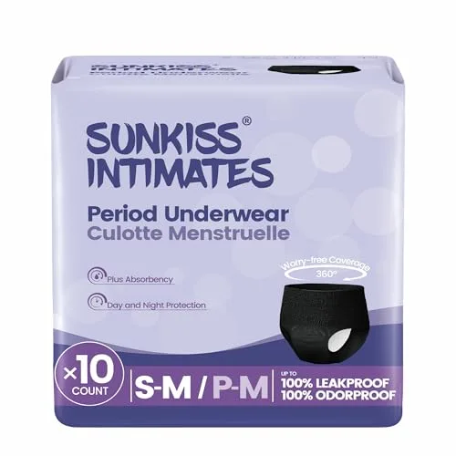 SUNKISS INTIMATES Bragas Menstruales Desechables para Mujer con Flujo Abundante, Braguitas Postparto Mujer a Prueba de Fugas, Negro, Talla S/M, 10 Unidades