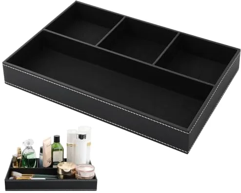 Cozlly Bandeja de Valet Cuero, Bandeja para Dejar Llaves, Bandeja de Almacenamiento de Joyas con 5 Compartimentos, Bandeja Organizador para Escritorio Entrada Cómoda Mesa de Noche, Negro