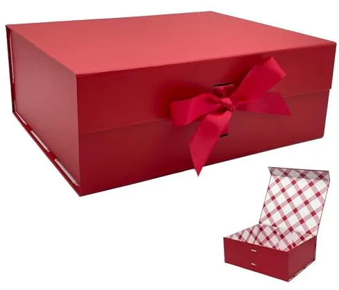 Tekhoho Caja de Regalos Grande Roja 33.5x27x12.5 cm, Caja de Regalos Premium con Tapa MagnéTica y Cinta para Embalaje de Regalos de Bodas y CumpleañOs, Forro a Cuadros
