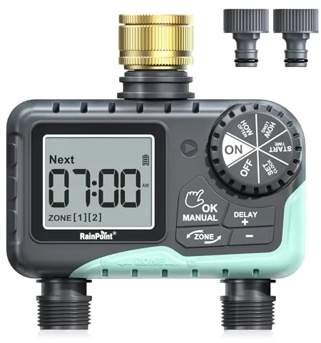RAINPOINT Programador Riego 2 Salidas con Entrada de Latón, Temporizador de Riego Automatico con Retraso por Lluvia/Riego Manual, Programador de Riego a Pilas para Jardín, Césped