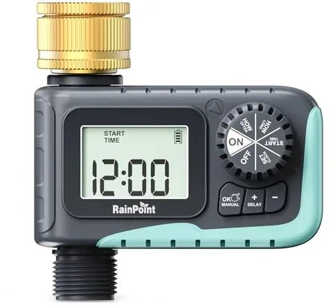 RAINPOINT Programador Riego Automatico con Entrada de Latón, Temporizador de Riego con Retraso por Lluvia/Riego Manual, Alto Flujo de Agua, para Césped y Jardín