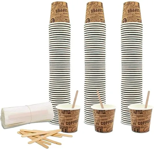 COFFISANO Juego de 150 vasos de café de 75 ml de papel marrones + 150 paletas de madera; vasos y paletas desechables reciclables, para restaurantes, oficinas, para llevar, bares, expreso