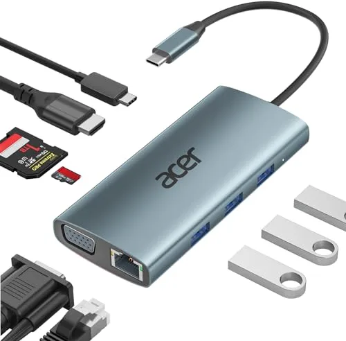 acer Docking Station USB C 9 en 1, Hub USB C Ethernet, Ataptador Tipo C a HDMI 4K, Carga PD 100W, Lector de Tarjetas SD, Hub Ethernet USB a VGA para MacBook Pro/Air, Surface Pro, acer Portátiles y Más