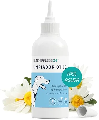 Hundepflege24 Limpiador Oidos Perros Agudo - Potente Limpia Orejas para Perros con Otitis, Inflamación e Infecciones de Oído - Gotas Infección Oídos Perros con Piroctona Olamina y Aloe Vera 250ml