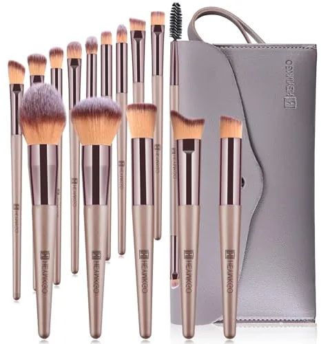 HEYMKGO Pinceles Maquillaje, 15 piezas Brochas de Maquillaje Profesional con Estuche de Piel, Set Brocha Maquillaje Champán Gold Juego Makeup Brushes Kit Brochas para Fundación Polvo Rubor Corrector
