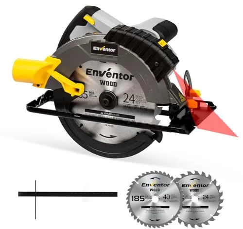 Enventor 1650W Sierra Circular con Guía Láser, Sierra Circular de Mano 5500RPM, Profundidad de Corte 62mm(90°), 46mm(45°), 2 Hojas de Sierra(185mm, 24T+ 40T), Ideal para Cortar Madera