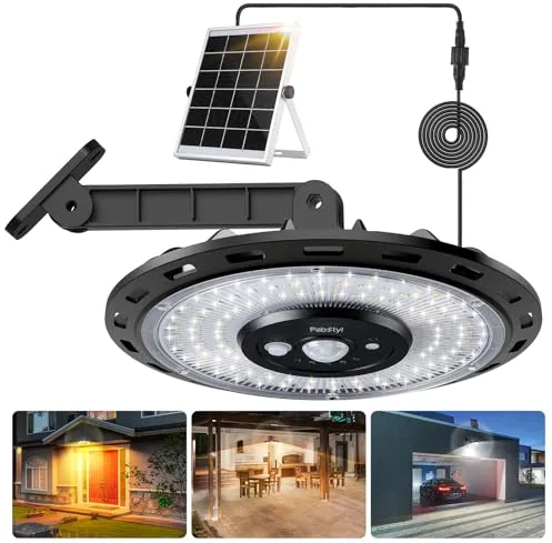 FabStyl Luz Solar Exterior de 3 Colores, 108pcs LED, 3000LM, Luz Colgante Solar Exterior con 5 Modos,Temporizador y Control Remoto, Luz Solares con Sensor de Movimiento para Garaje, Granero, Pabellón