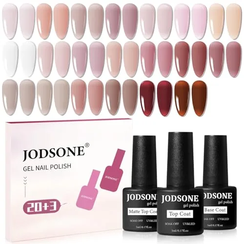 JODSONE Juego de 23 esmaltes de uñas de gel, 20 colores translúcidos, naturales y elegantes, duraderos, adecuados para el hogar y el salón