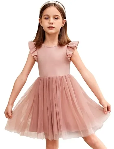 Arshiner Vestidos de Verano para Niñas Pequeñas Vestido de Tul con Cuello Redondo Vestido de Algodón de Manga Corta para Niños Vestido Fiesta de Cumpleaños para Niños Rosa 110/5-6 años