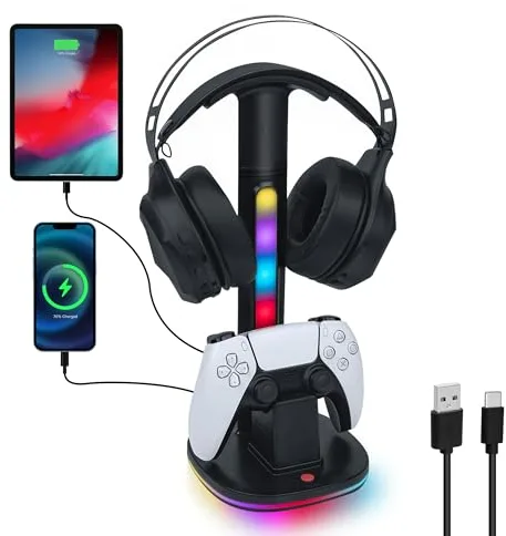 Tolesum - Cargador para Mando PS5, Soporte para Auriculares RGB Cargador para mandos DualSense PS5 y Edge, con 2 Puertos USB, Color Negro