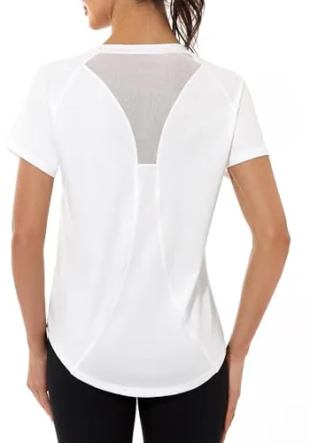 Gyabnw Camiseta Deportiva para Mujer, Camiseta de Manga Corta, Camiseta de Entrenamiento, Rápido Camisetas de Malla Mujer Yoga Fitness Top Ropa Deportiva Entrenamiento Atlético BlancoL