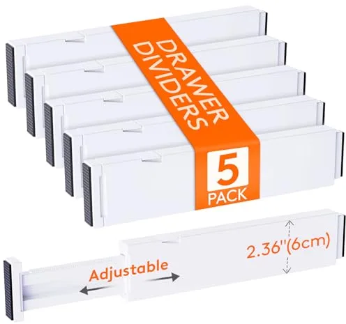 Lifewit Divisores de Cajones de 28-40cm Ajustable, Altura 6cm, Organizador Armario para Ropa/Utensilios/Maquillaje, Blanco Separador para Cocina/Escritorio/Tocador Almacenamiento, 5 Paquetes