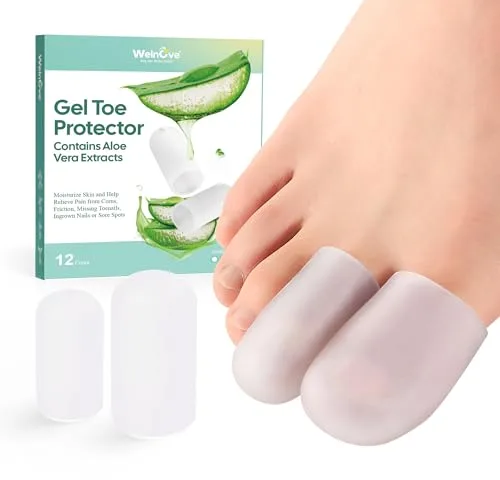 Welnove Gel Toe Cap and Protector - Silicone Toe Covers - Toe Cushions for Pain Relief, Missing or Ingrown Toenails, Corns, Calluses, Blisters - Infused Aloe Vera Extract (4 Large + 8 Medium, Clear)