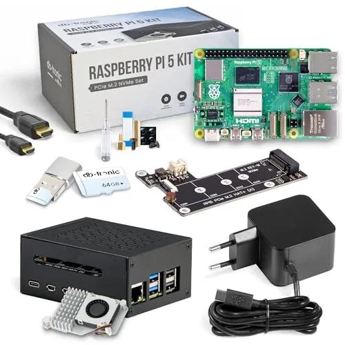 Raspberry Pi 5 8GB PCIe M.2 NVMe - Juego | Caja metálica | Enfriador Activo | Placa PCIe SSD M.2 NVMe | Fuente de alimentación Oficial USB-C 27W | 64 GB Edition | Cable HDMI 4K