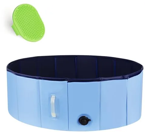 DEWEL Bañera Portátil para Perros, Piscina Plegable 80x30 cm para Cachorro y Perros Pequeños, Cepillo de Baño Incluido