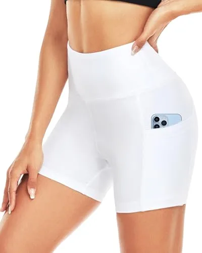 Pantalones Cortos Deportivos para Mujer, Pantalon Corto Ciclismo Gym Running Yoga Gym Fitness para Mujer con Bolsillos Mallas Cortos Verano No Transparente(Blanco,S)