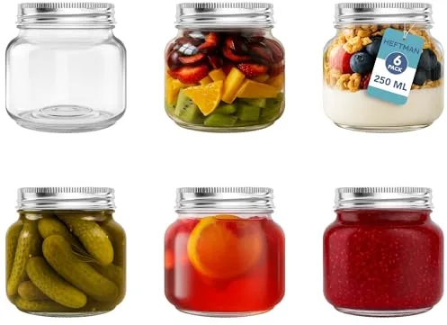 HEFTMAN Tarros de vidrio con tapas, juego de 6 tarros herméticos de 250 ml para avena durante la noche, mermelada casera, tarros de vidrio resistentes con tapas, tarros de conservación para
