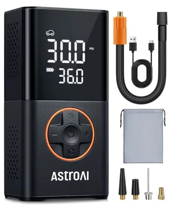 AstroAI Compresor Aire Portátil, Inflador Ruedas Coche, Hinchador Ruedas con Batería Recargable y Luz LED para Coche, Bicicletas, Moto y Etc. (Naranja)