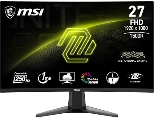 MSI mag 27C6F Monitor Curvo Gaming FHD de 27", 1500R 1920 x 1080 Panel VA rápido, 180 Hz / 0,5 ms (GtG, mín.), Sincronización adaptativa, DP 1.2a, HDMI CEC